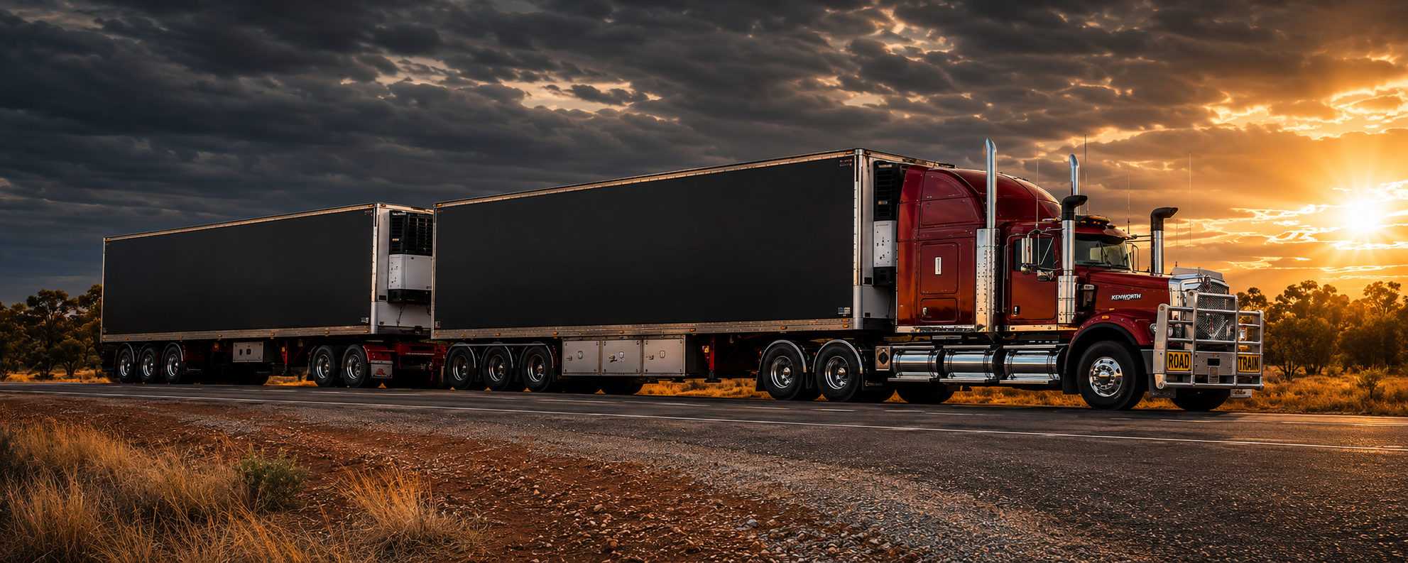 Red Kenworth road train with refrigerated trailers on an Australian outback highway at sunset